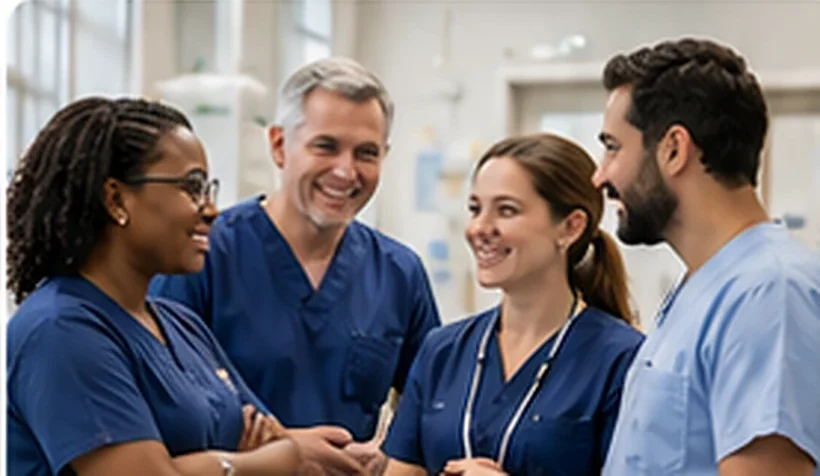 Sfeerbeeld van zorgprofessionals met diverse achtergronden in een kliniek